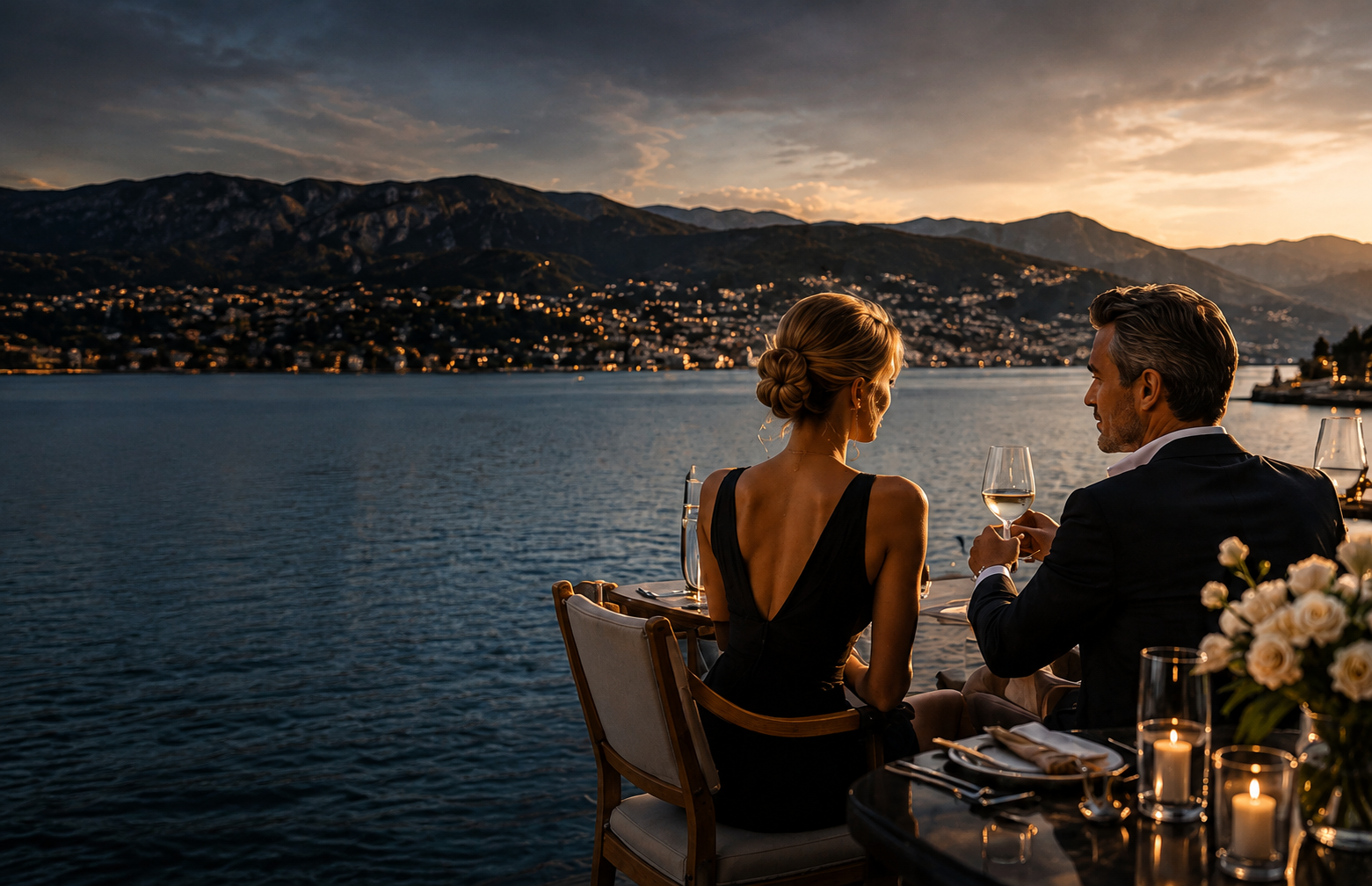 A couple enjoying dinner beside a lake at sunset